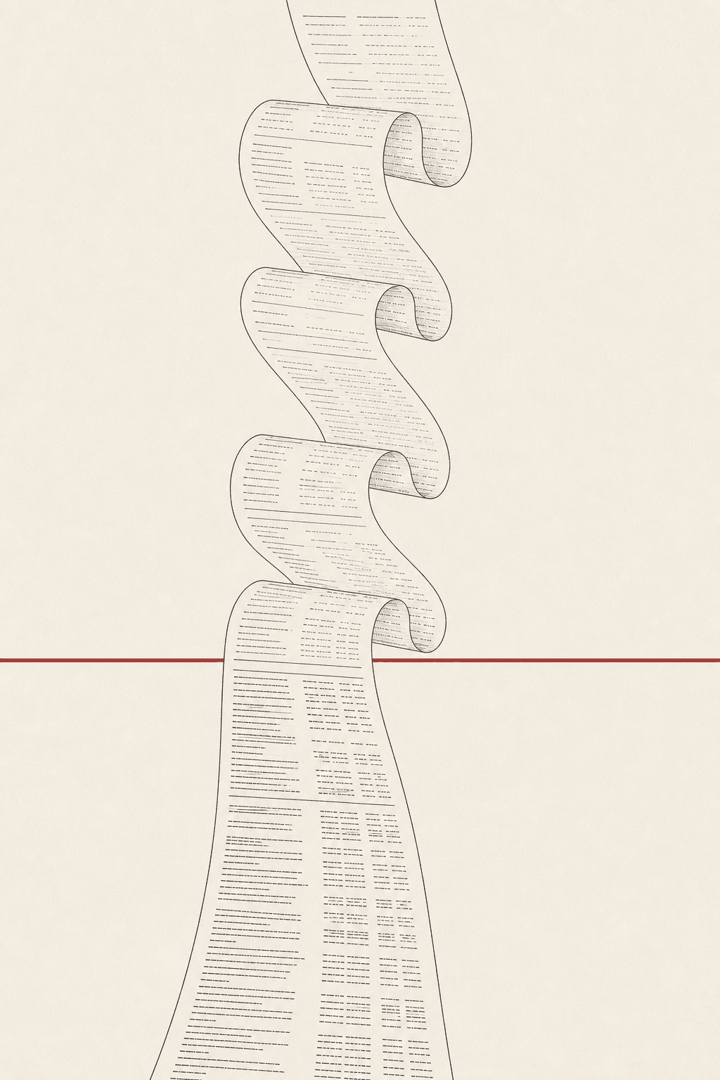 A long paper receipt coiling down. A single red line cuts across it, and below that line its rows grow denser.